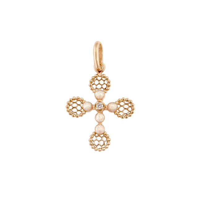 Pendentif croix Dentelle perlée résine opale